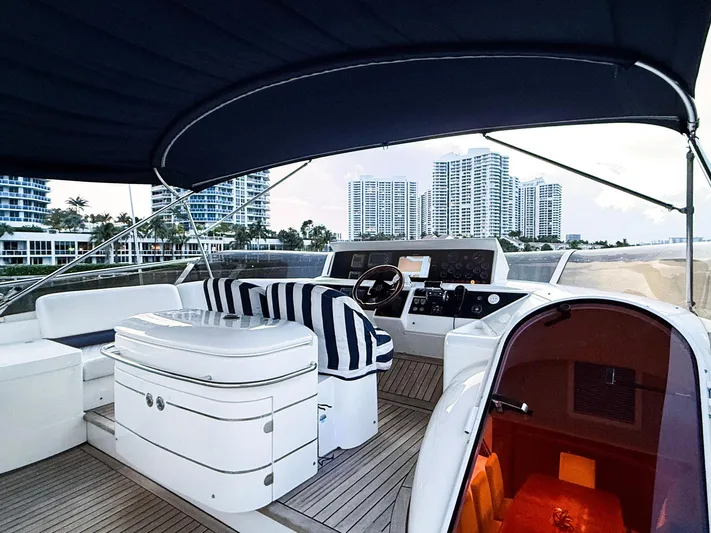 Kristina Yacht Photos Pics Luxurious 2007 Princess 23M yacht interior with modern helm and cityscape view.
