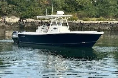 Resolute Yacht Photos Pics 2017 Regulator 31 boat on calm water near a wooded shoreline.