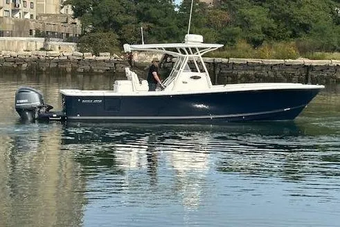 Resolute Yacht Photos Pics 2017 Regulator 31 boat cruising on calm water near urban shoreline.