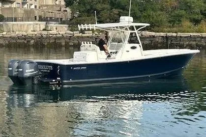 Resolute Yacht Photos Pics 2017 Regulator 31 boat on calm water near urban shoreline.