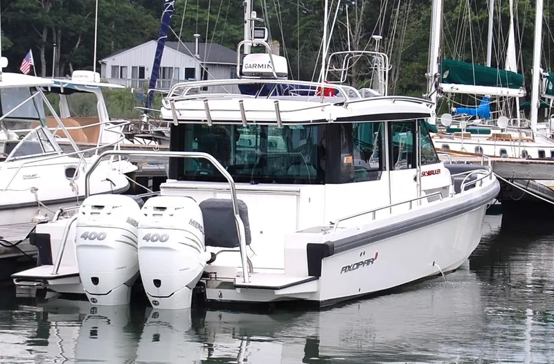  Yacht Photos Pics 2019 Axopar 37 SC boat docked with twin 400 horsepower engines.