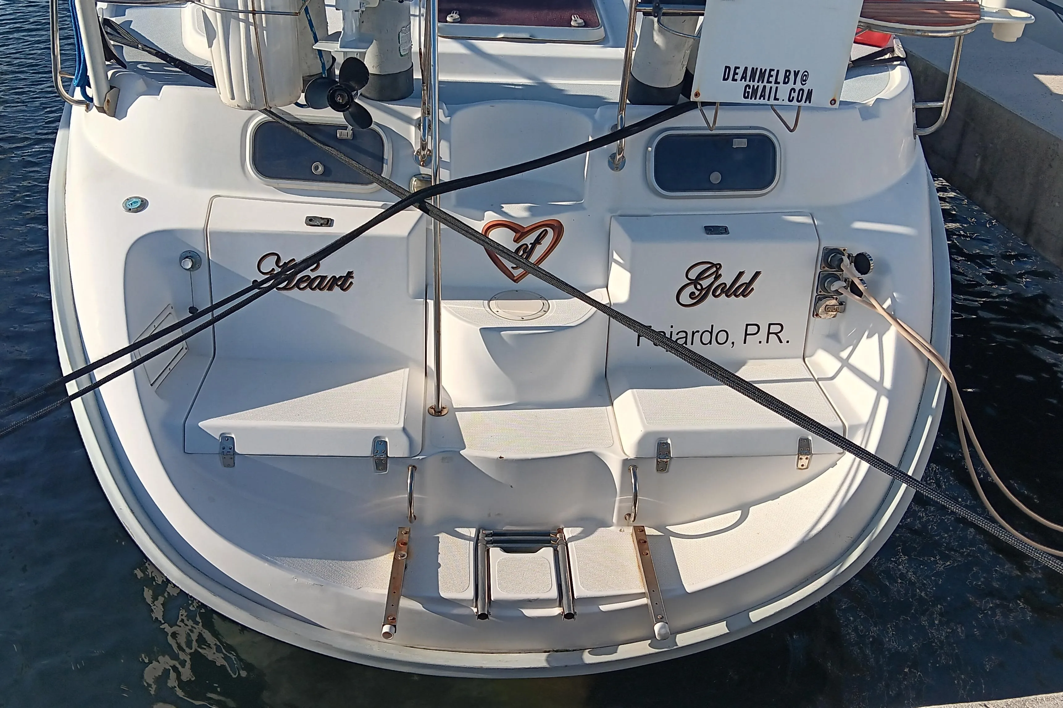 Stern view of 1998 Hunter 450 sailboat named "Heart of Gold" docked in Fajardo, P.R.
