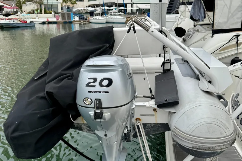  Yacht Photos Pics Outboard motor on a 2014 Meridian 391 Sedan yacht, docked in a marina.
