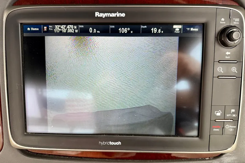  Yacht Photos Pics Raymarine hybrid touch display on 2014 Meridian 391 Sedan boat, showing navigation data.