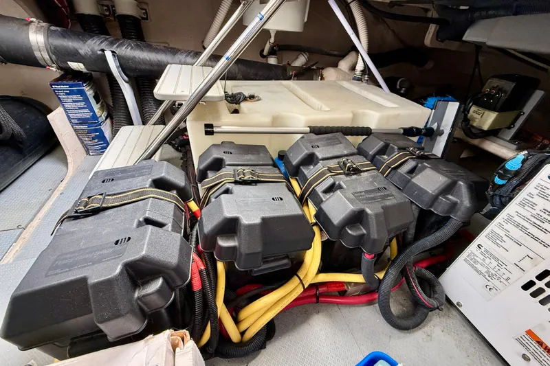  Yacht Photos Pics Engine room of 2014 Meridian 391 Sedan with battery setup and wiring.
