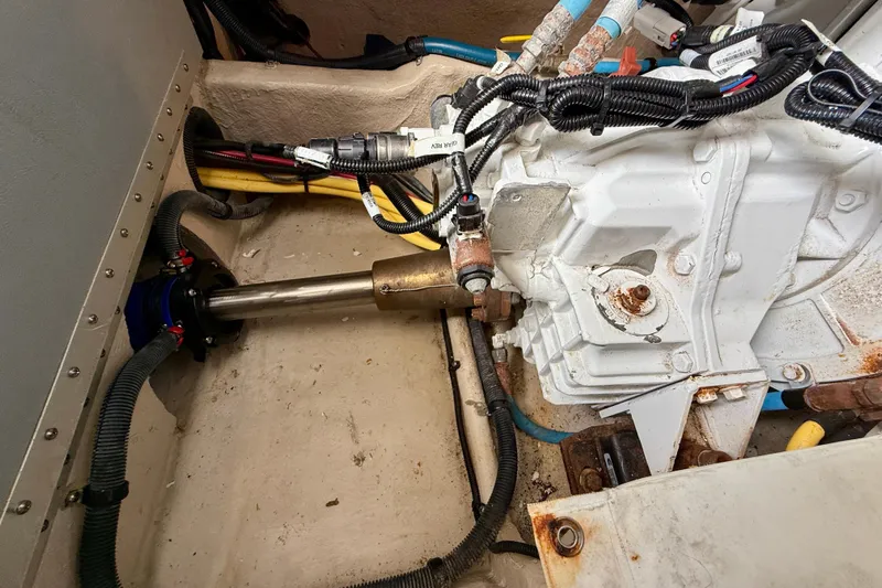  Yacht Photos Pics Engine compartment of a 2014 Meridian 391 Sedan, showcasing mechanical components and wiring.