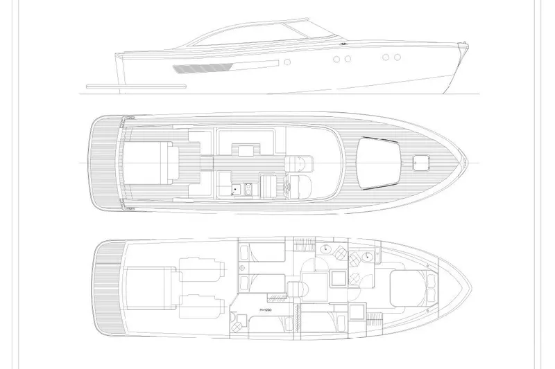  Yacht Photos Pics Blueprint of 2022 Filippetti Classic 54 yacht, showcasing side and top views.