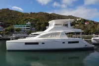 2017 Leopard 51 Powercat yacht docked in a marina.