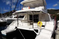 2017 Leopard 51 Powercat docked at a marina, rear view.