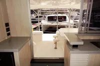 Interior view of 2017 Leopard 51 Powercat yacht with open rear deck.