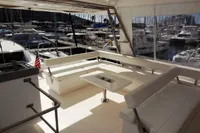 2017 Leopard 51 Powercat yacht with spacious seating area at marina.