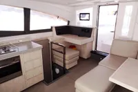 Interior of 2017 Leopard 51 Powercat with modern kitchen and seating area.