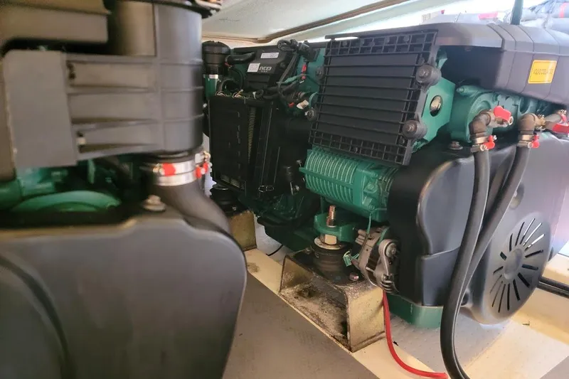  Yacht Photos Pics Engine compartment of a 2013 Prestige 500 S yacht, showcasing mechanical components.