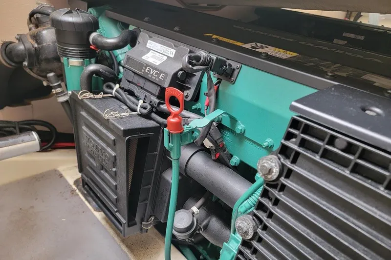  Yacht Photos Pics Engine compartment of a 2013 Prestige 500 S yacht, showcasing mechanical components.