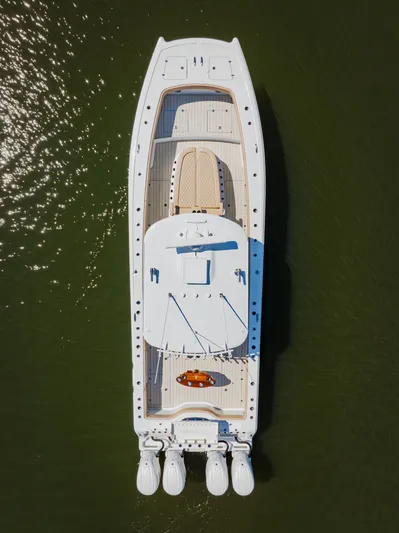  Yacht Photos Pics Aerial view of 2025 Freeman 38 boat on water.