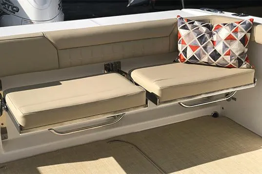  Yacht Photos Pics Manufacturer Provided Image: 2019 Everglades 340 Dual Console boat with beige seating and decorative pillows.