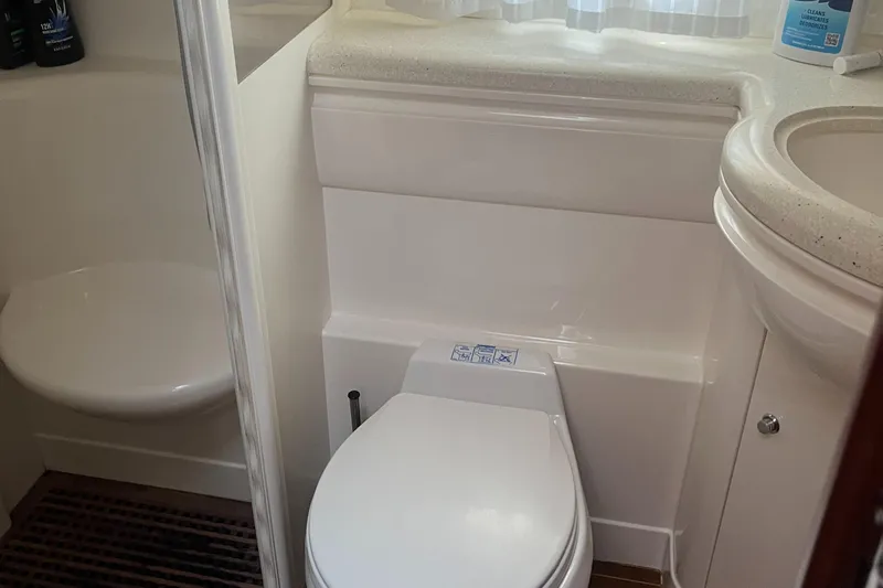 C Glass Yacht Photos Pics Bathroom interior of 2000 Princess 65 M/Y yacht, featuring toilet and sink.