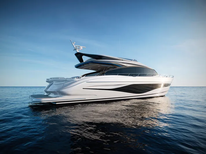 Princess S80 Sport Bridge Yacht Photos Pics Luxurious 2025 Princess S80 yacht cruising on open water under clear skies.