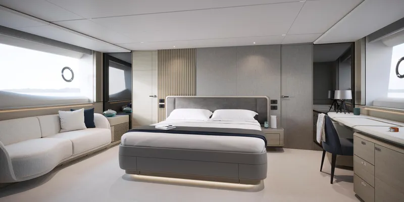 Princess S80 Sport Bridge Yacht Photos Pics Luxurious 2025 Princess S80 yacht bedroom with modern design and elegant furnishings.