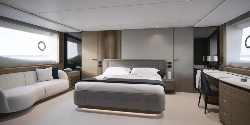 Princess S80 Sport Bridge Yacht Photos Pics Luxurious 2025 Princess S80 yacht bedroom with modern design and elegant furnishings.