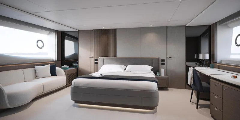 Princess S80 Sport Bridge Yacht Photos Pics Luxurious bedroom interior of 2025 Princess S80 yacht with modern furnishings.