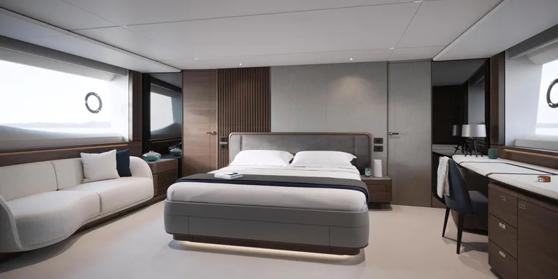 Princess S80 Sport Bridge Yacht Photos Pics Luxurious 2025 Princess S80 yacht bedroom with modern design and elegant furnishings.