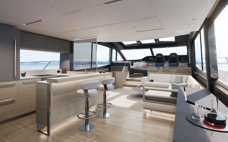Princess S80 Sport Bridge Yacht Photos Pics Luxurious interior of 2025 Princess S80 yacht with modern design and ocean views.