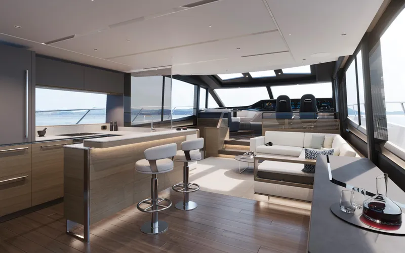 Princess S80 Sport Bridge Yacht Photos Pics Luxurious interior of 2025 Princess S80 yacht with modern kitchen and seating area.