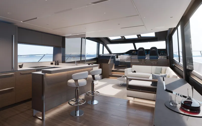 Princess S80 Sport Bridge Yacht Photos Pics Luxurious interior of 2025 Princess S80 yacht with modern design and panoramic windows.