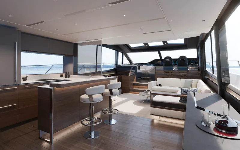 Princess S80 Sport Bridge Yacht Photos Pics Luxurious interior of 2025 Princess S80 yacht with modern design and ocean views.