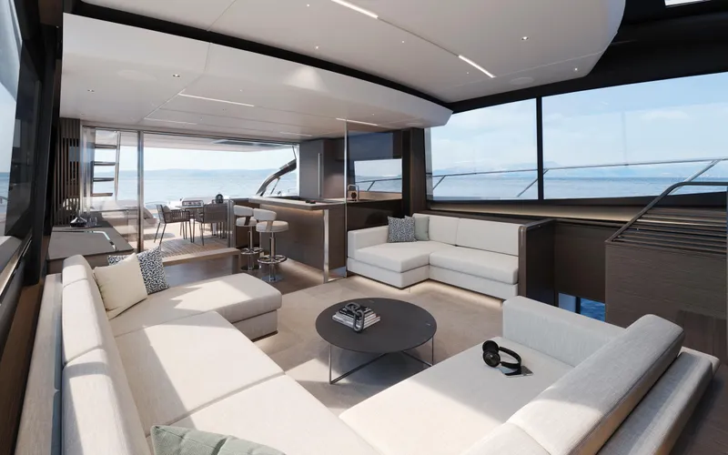 Princess S80 Sport Bridge Yacht Photos Pics Luxurious interior of 2025 Princess S80 yacht with modern furnishings and ocean view.