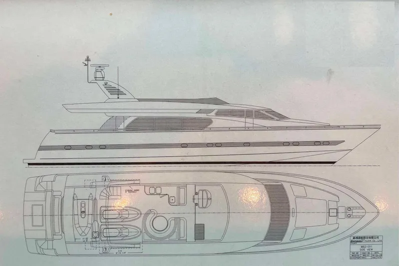 Curiosity Yacht Photos Pics Blueprint of 2001 Elegance 82 S yacht, showcasing side and top views.