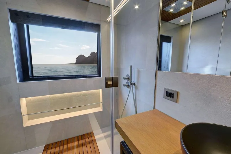 Carat Yacht Photos Pics Luxurious bathroom in 2024 WallyWhy200 yacht with ocean view window.