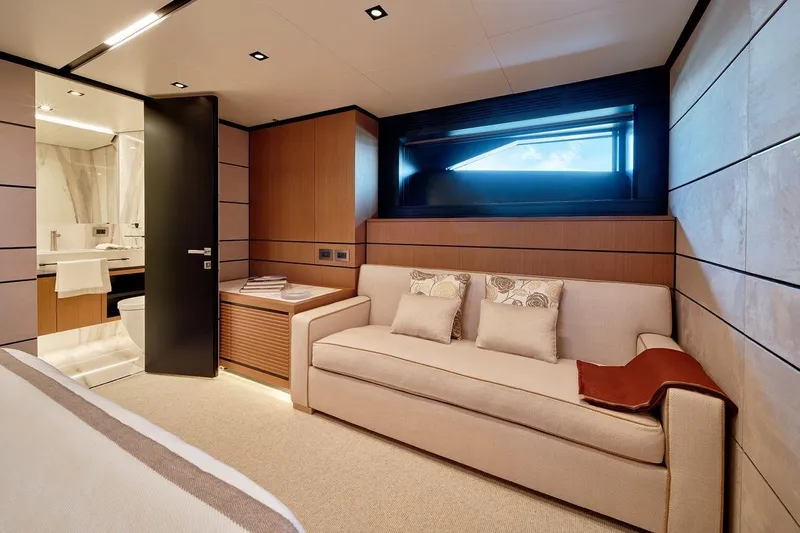 Carat Yacht Photos Pics Luxurious interior of 2024 Wally WallyWhy200 yacht with modern design and cozy seating.