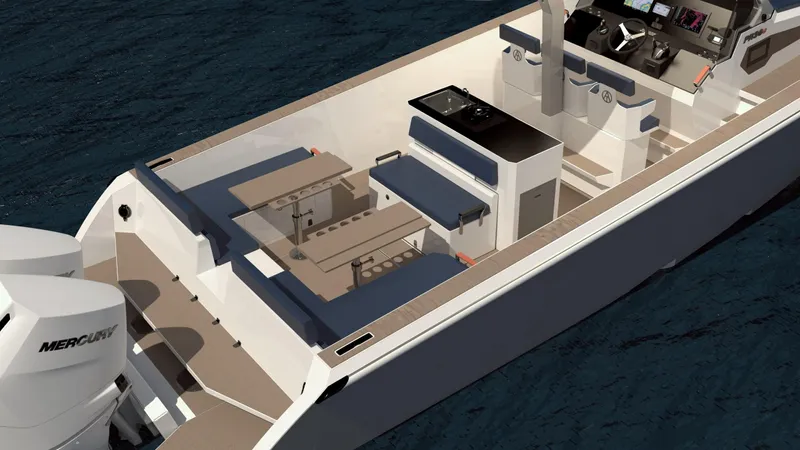 Alpha Tango Yacht Photos Pics 2025 ALPHA TANGO YACHTS PR36c interior with seating, helm, and outboard engines.
