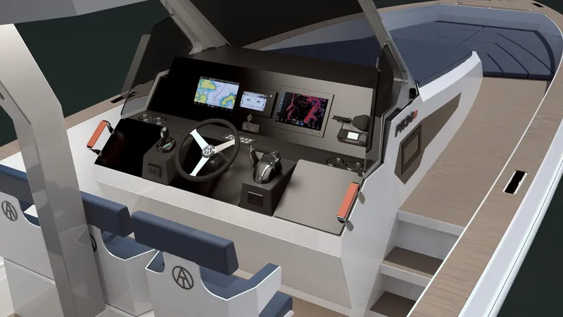 Alpha Tango Yacht Photos Pics Modern helm of 2025 ALPHA TANGO YACHTS PR36c with advanced navigation displays.
