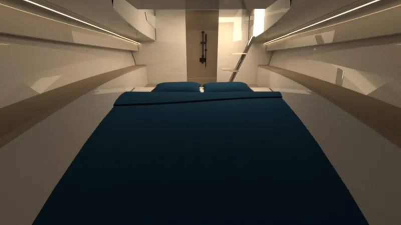 Alpha Tango Yacht Photos Pics Luxurious cabin interior of 2025 ALPHA TANGO YACHTS PR36c with modern design and cozy bedding.