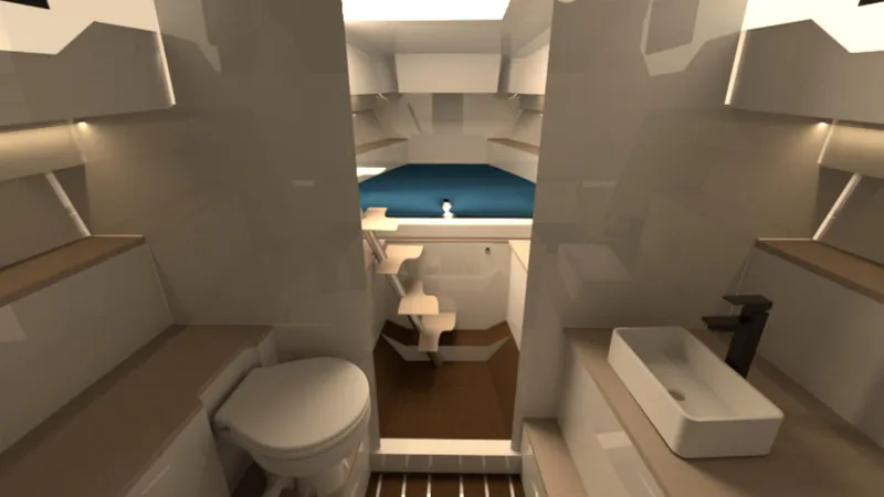 Alpha Tango Yacht Photos Pics Luxurious interior of 2025 ALPHA TANGO YACHTS PR36c, featuring modern bathroom and cozy sleeping area.