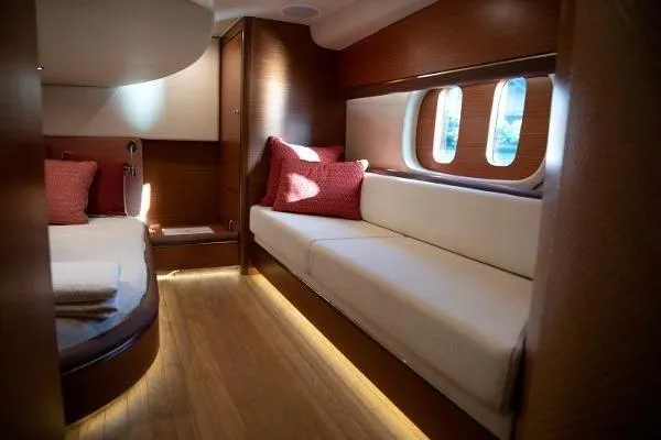 Gazelle Yacht Photos Pics Luxurious interior of 2014 Zeelander Z44 yacht with elegant wood finish and cozy seating.