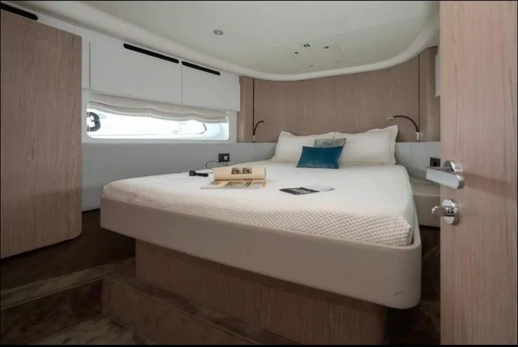 Pam Yacht Photos Pics Luxurious bedroom interior of 2023 Azimut Fly 53 yacht with modern design.
