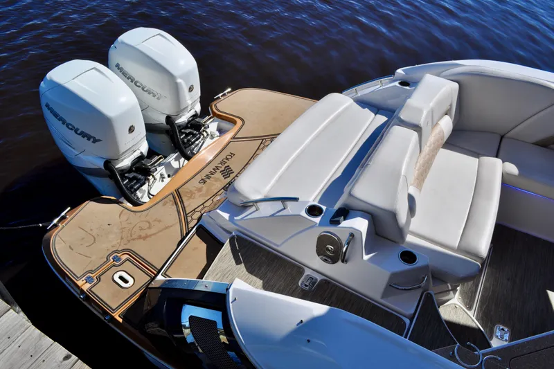  Yacht Photos Pics 2019 Four Winns H350 OB boat with dual Mercury outboard engines and luxurious seating.
