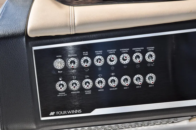  Yacht Photos Pics Control panel of 2019 Four Winns H350 OB boat with various switches and labels.