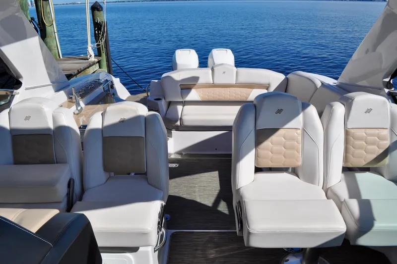  Yacht Photos Pics 2019 Four Winns H350 OB boat interior with luxurious seating and scenic water view.