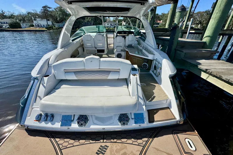  Yacht Photos Pics 2019 Four Winns H350 OB luxury boat docked, featuring spacious seating and modern amenities.