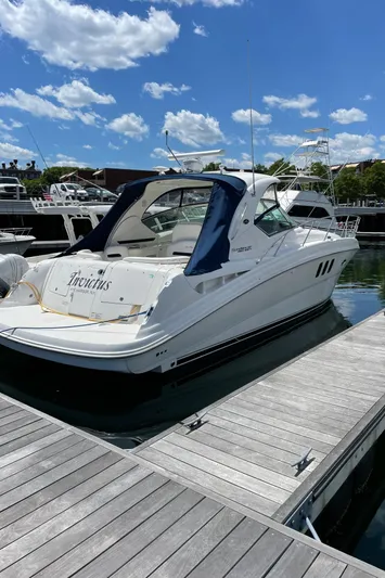  Yacht Photos Pics 2011 Sea Ray 390 Sundancer yacht docked at marina under blue sky.