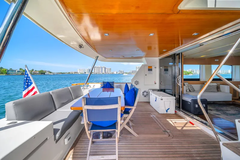 Therapy Yacht Photos Pics Luxurious 2008 Aicon 75 Flybridge yacht deck with seating, dining area, and ocean view.