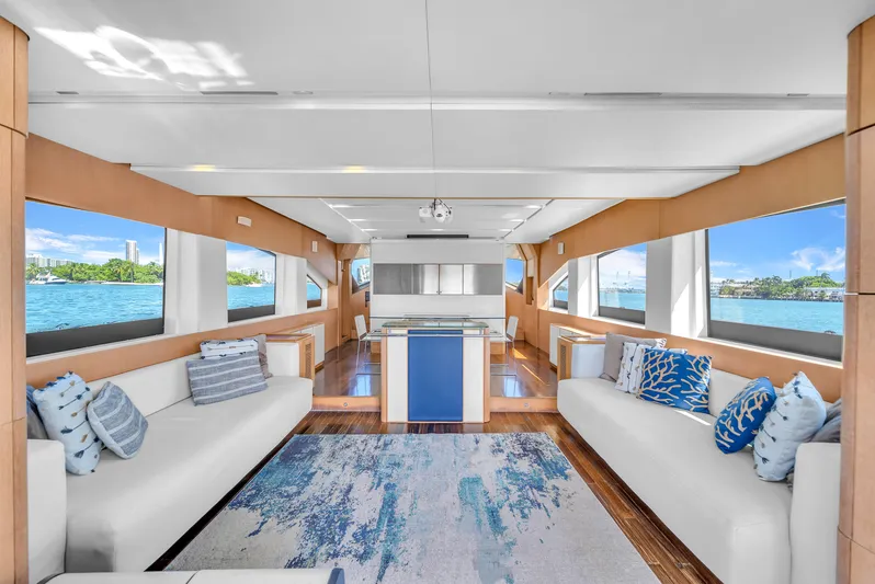 Therapy Yacht Photos Pics Luxurious interior of 2008 Aicon 75 Flybridge yacht with elegant seating and ocean views.