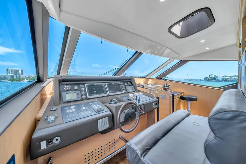 Therapy Yacht Photos Pics Interior view of 2008 Aicon 75 Flybridge yacht cockpit with modern controls.