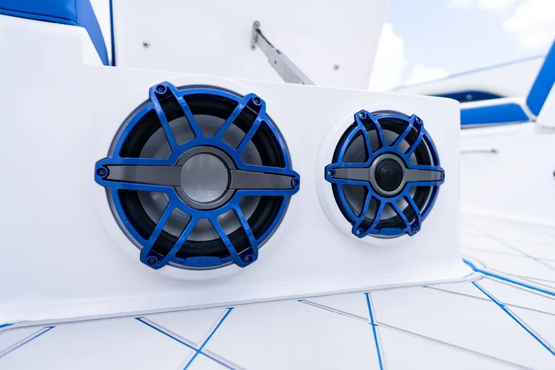  Yacht Photos Pics Blue marine speakers on 2019 Deep Impact 399 Sport boat deck.