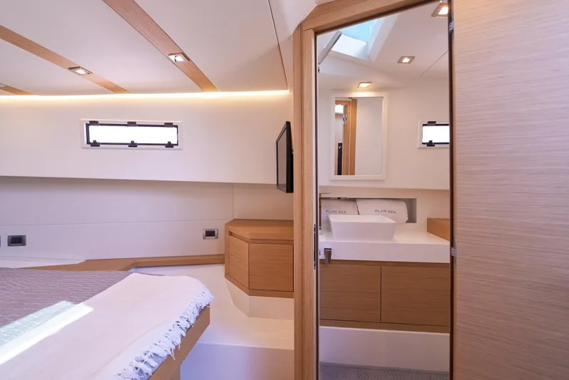  Yacht Photos Pics Luxurious interior of 2021 Pardo Yachts 38, featuring modern design and elegant wood finishes.